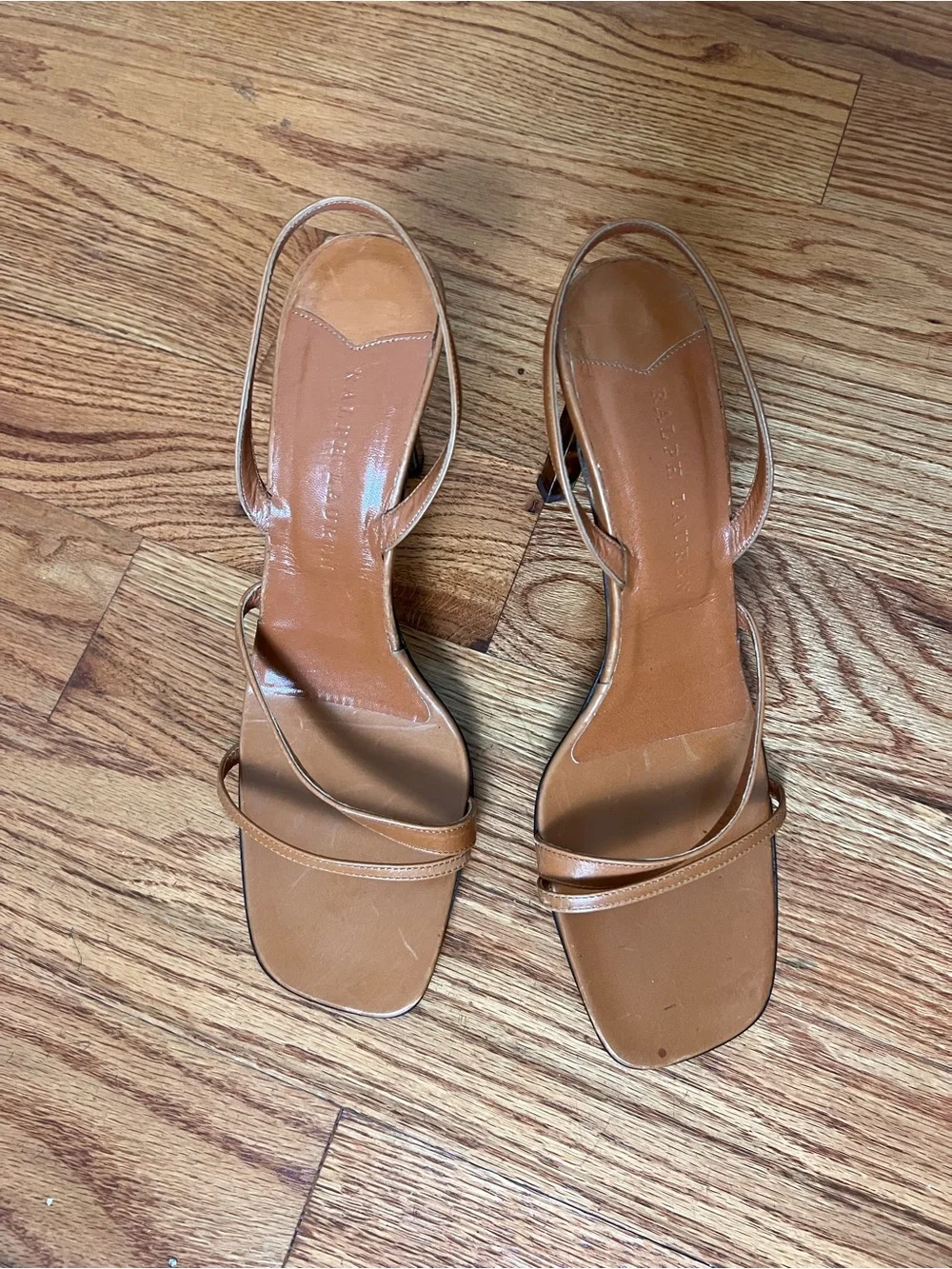 Ralph Lauren Leather Tortoise Heeled Sandals in Tan